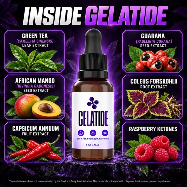 The Inside Gelatide panel from the seller listing, naming green tea, guarana, African mango, coleus forskohlii, capsicum and raspberry ketones