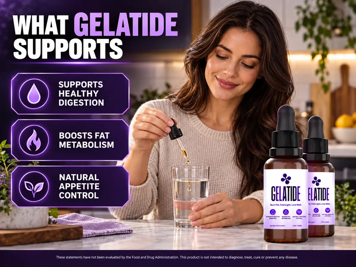 The What Gelatide Supports panel from the seller listing, showing three claim lines and drops going into a glass of water