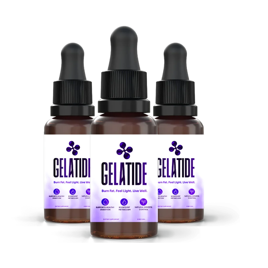 A Gelatide three-bottle order photographed on a dark ground