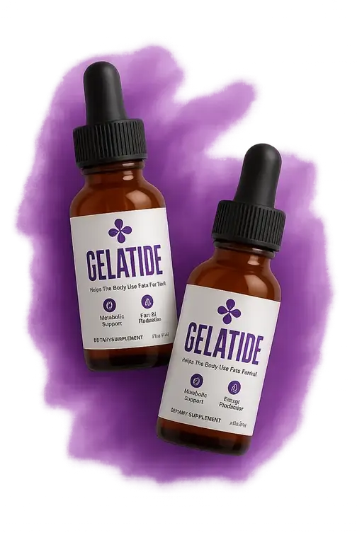 Two Gelatide dropper bottles photographed from above on a violet wash